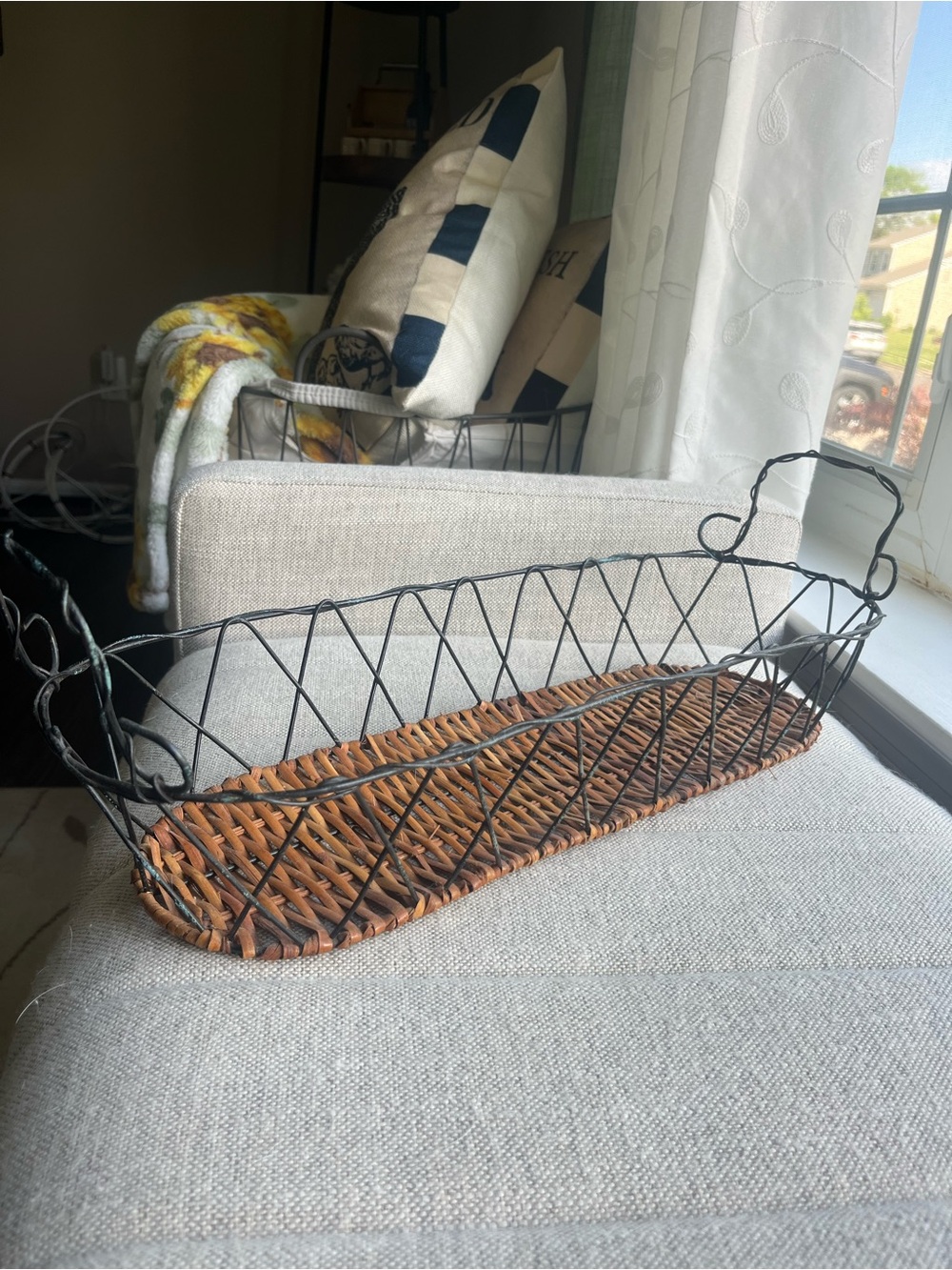 Woven Rattan and Black Metal Decorative Serving Basket